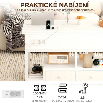 Konferenčný stolík s výškovým nastavením DE-CJ-01, 2 AC a USB-C, 100 x 80 x 64,5 cm, biely