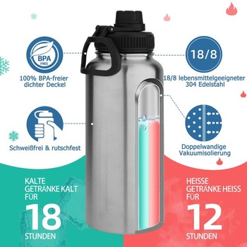 Láhev na vodu Volhoply z nerezové oceli o objemu 1000 ml, 1litrová vakuově izolovaná dvoustěnná