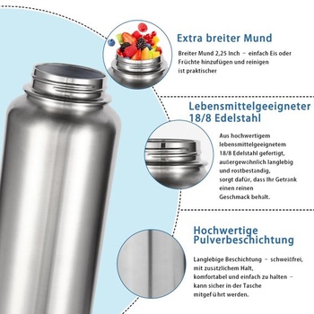 Láhev na vodu Volhoply z nerezové oceli o objemu 1000 ml, 1litrová vakuově izolovaná dvoustěnná