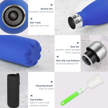Láhev na vodu GeeRic z nerezové oceli, 500 ml, dvoustěnná, vakuově izolovaná kovová láhev na vodu,
