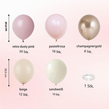 60 latexových balónikov vo farbe prašne ružovej a béžovej, 30,5 cm, prašne ružová, biela, piesková, zlatá,