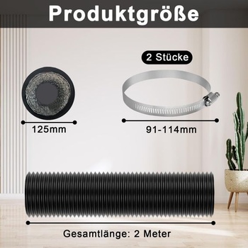 Výfuková hadica 125 mm hliníková flexibilná rúrka, dĺžka 2 m PVC hliníková rúrka, ventilačná