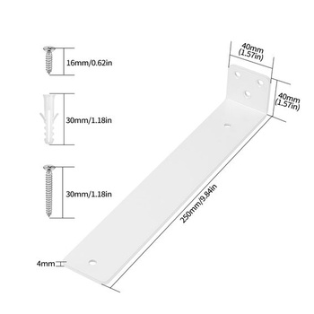 4 ks bílých držáků polic, nástěnné držáky polic 250 mm, úhlové držáky polic, podpěry polic ve tvaru