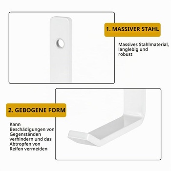 2 odolné nástěnné háky do garáže, bílé, šroubovací háky ve tvaru J, 2 prodlužovací háky ve tvaru L