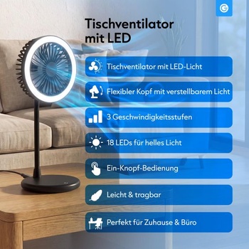Ventilátor s LED světlem | 3 rychlosti | Černá