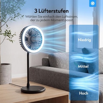 Ventilátor s LED světlem | 3 rychlosti | Černá