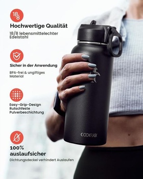 Coolflask Izolovaná nerezová láhev na vodu 946 ml s brčkem, 3 víčka Magic Black 946 ml