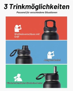 Coolflask Izolovaná nerezová láhev na vodu 946 ml s brčkem, 3 víčka Magic Black 946 ml