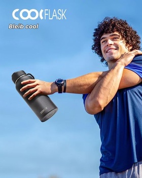 Coolflask Izolovaná nerezová láhev na vodu 946 ml s brčkem, 3 víčka Magic Black 946 ml