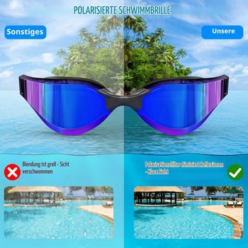 Polarizované plavecké okuliare pre dospelých, proti zahmlievaniu, ochrana UV400, čierne s opaskom a modrým