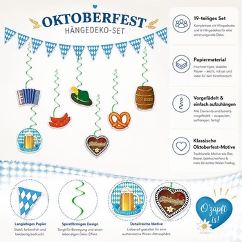 Sada dekorací Catelves na Oktoberfest, 19dílná, řetěz s vlajkou a závěsné dekorace