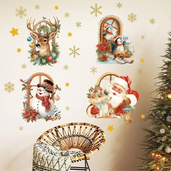 PLIGREAT 3 listy 3D vánoční samolepky na okno, sněhulák, Santa Claus, sob prorážející okno,