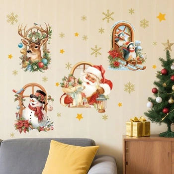 PLIGREAT 3 listy 3D vánoční samolepky na okno, sněhulák, Santa Claus, sob prorážející okno,