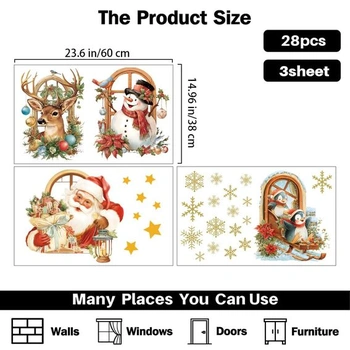 PLIGREAT 3 listy 3D vánoční samolepky na okno, sněhulák, Santa Claus, sob prorážející okno,