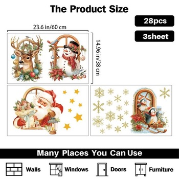 PLIGREAT 3 listy 3D vianočné samolepky na okno, snehuliak, Santa Claus, sob prerážajúce okno,