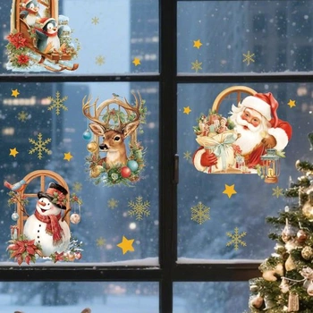 PLIGREAT 3 listy 3D vánoční samolepky na okno, sněhulák, Santa Claus, sob prorážející okno,