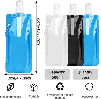 3 x 500ml skladacie fľaše na pitie, prenosné skladacie fľaše na vodu 500ml - sada 3 kusov A