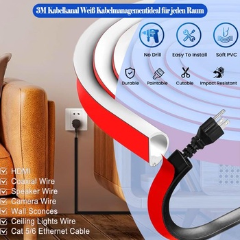 Samolepicí kabelový kanál - Flexibilní půlkulatý kryt kabelu 3 m x 2 cm, půlkulatý kryt kabelu,