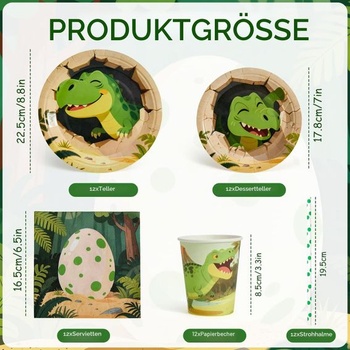 Sada nádobí s dinosaury pro dětské narozeninové oslavy, papírové talíře, ubrousky, hrnky, brčka,