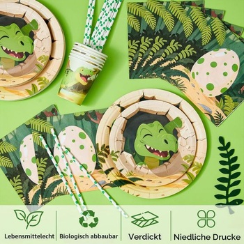Sada nádobí s dinosaury pro dětské narozeninové oslavy, papírové talíře, ubrousky, hrnky, brčka,