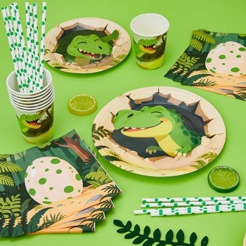Sada nádobí s dinosaury pro dětské narozeninové oslavy, papírové talíře, ubrousky, hrnky, brčka,