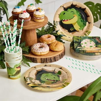 Sada nádobí s dinosaury pro dětské narozeninové oslavy, papírové talíře, ubrousky, hrnky, brčka,