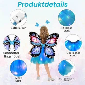 Svítící motýlí kostým pro děti, dívčí tutu sukně se 4 LED motýlími křídly, kostým víly na dětské