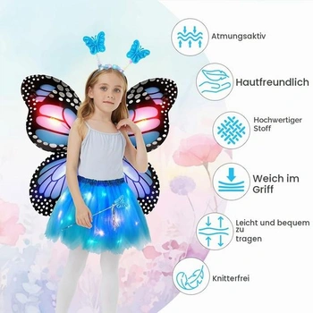 Svítící motýlí kostým pro děti, dívčí tutu sukně se 4 LED motýlími křídly, kostým víly na dětské