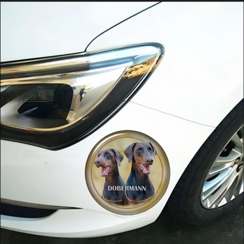 Samolepka na auto s dobermanom, reflexná, vodotesná, PVC materiál, vtipná okrúhla samolepka s