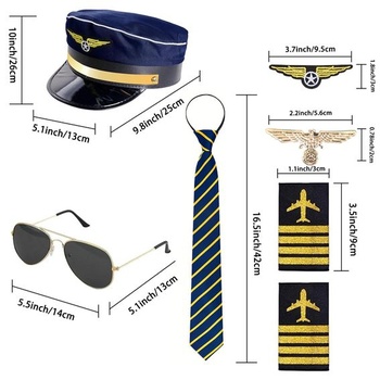 Doplnky ku kostýmu pilota kapitána, pilotná sada kapitána s karnevalovými rukávmi, pruhované
