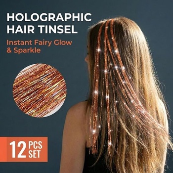 Clip-in vlasové třpytky - 12 kusů laserově oranžových třpytivých clip-in vlasových prodlužování (55
