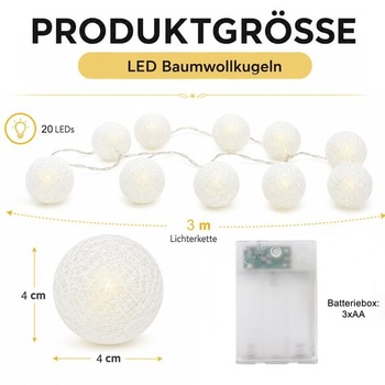YeahBoom LED reťazové svetelné gule, 300 cm, 20 LED reťazových gulí, biele, 3 m, 20 LED