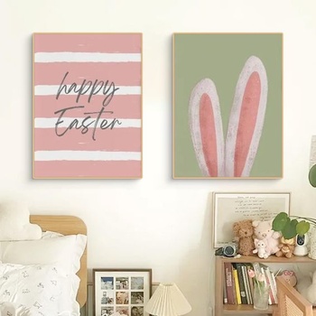 CULASIGN Sada 3 veľkonočných plagátov, jarné zajačiky a tulipány na plátne, nástenná dekorácia na stenu