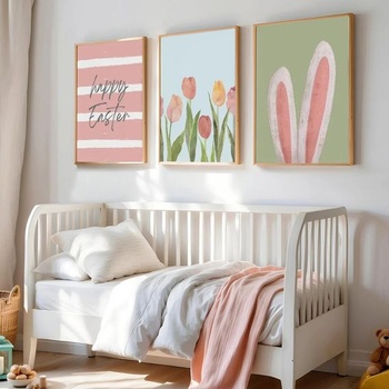 CULASIGN Sada 3 velikonočních plakátů, jarní zajíčci a tulipány na plátně, nástěnná dekorace na zeď