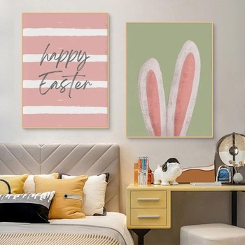 CULASIGN Sada 3 veľkonočných plagátov, jarné zajačiky a tulipány na plátne, nástenná dekorácia na stenu