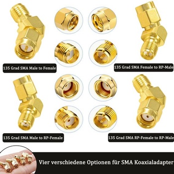 Sada 2 uhlových adaptérov pre satelitné pripojenie, 135 ° uhlový adaptér RP-SMA samec-samica,