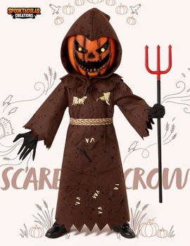 Detský kostým strašidelného strašiaka s tekvicou a kymácející sa hlavou a halloweenskou maskou tekvica pre