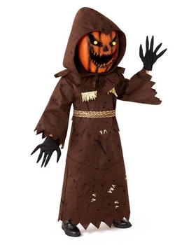 Detský kostým strašidelného strašiaka s tekvicou a kymácející sa hlavou a halloweenskou maskou tekvica pre