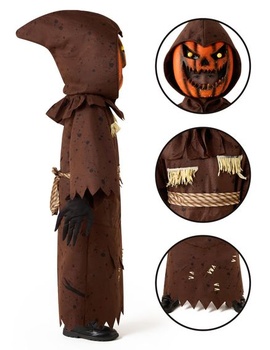 Detský kostým strašidelného strašiaka s tekvicou a kymácející sa hlavou a halloweenskou maskou tekvica pre