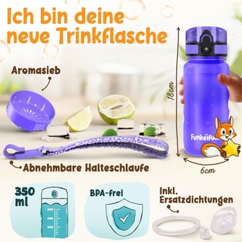 Funkelfuchs® - Detská fľaša na pitie - 350 ml, fialová - Vhodná pre sýtené nápoje - 100% nepriepustná