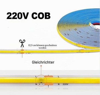 5m COB páska AC 220V 296 LED diod/m IP20 6000K Driver Vestavěná bytová dekorace Flexibilní