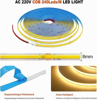 5m COB páska AC 220V 296 LED diod/m IP20 6000K Driver Vestavěná bytová dekorace Flexibilní