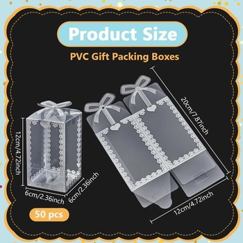 BENECREAT 50 kusov 6x6x10,5 cm priehľadné PVC darčekové krabičky obdĺžnikové so stužkovým vzorom na