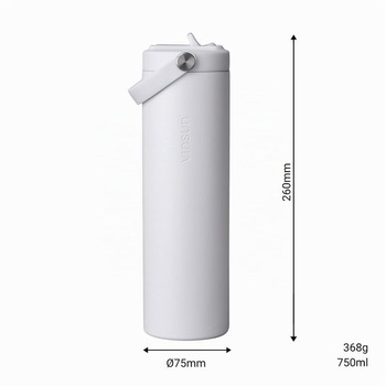 Fľaša na vodu Vinsun z nerezovej ocele, biela, 750 ml - slamka a flexibilná rukoväť, biela, 750 ml