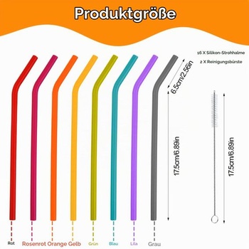 16 opakovaně použitelných silikonových brček na pití, 24 cm