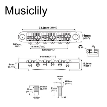 Musiclily Pro Rollers Tune-O-Matic Bridge Roller Bridge pro elektrickou kytaru Les Paul LP SG, nikl