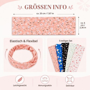Balení 5 dívčích čelenek, elastická široká čelenka pro ženy, volnočasová, prodyšná, pohodlná na