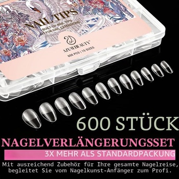 AZUREBEAUTY Tipy na nechty 600 kusov 15 veľkostí Mandľové tipy na gélové nechty, mäkké gélové
