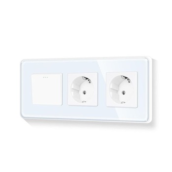 LIAONFOY Okrúhly Schuko 1cestný zapustený vypínač svetla s dvojitou zásuvkou, sklenený rám, nástenná