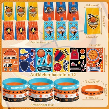 Dárky na basketbalovou párty – Obsahuje 12 dárkových tašek, náramky, gumové náramky, samolepky,